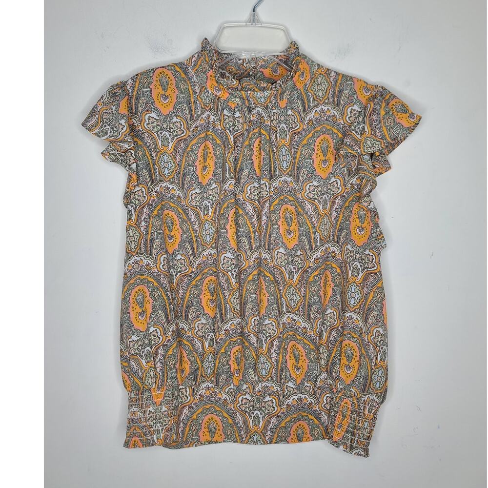 Ann Taylor orange medallion print short sleeve mock neck blouse - medium